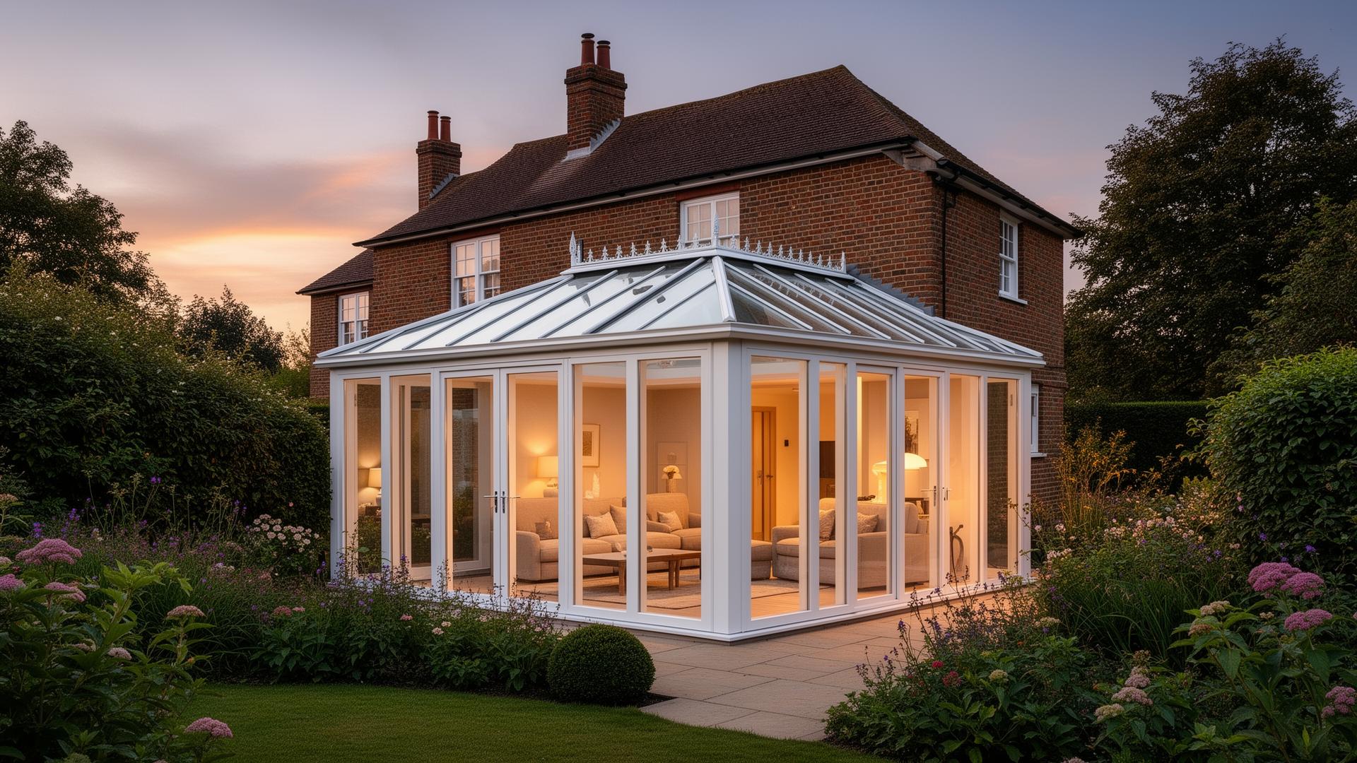 Elegant conservatory with glass roof attached to a traditional Essex brick home, warm interior glow at dusk